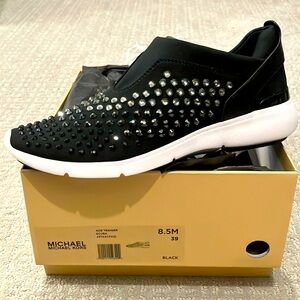 SALE! NIB Michael Kors Crystal-Crusted Black Ace Trainer Scuba, Size 8.5/39